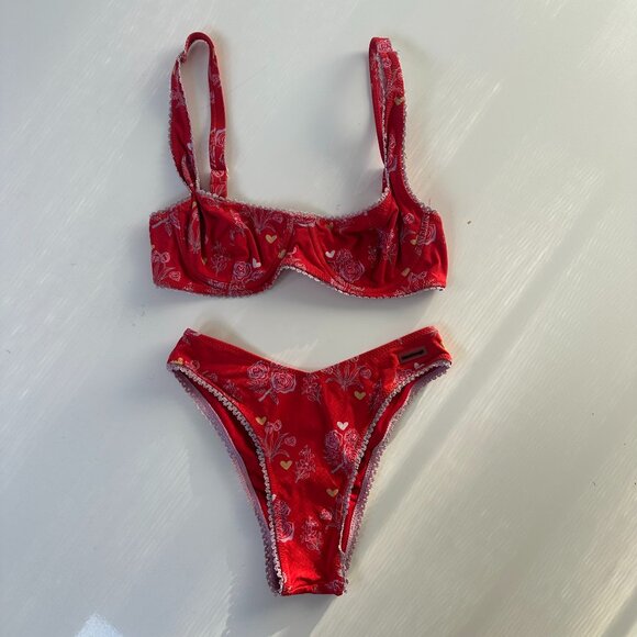 Blackbough Other - Blackbough Red Heart Rose Pattern Balconette & High Rise Bikini Set Small